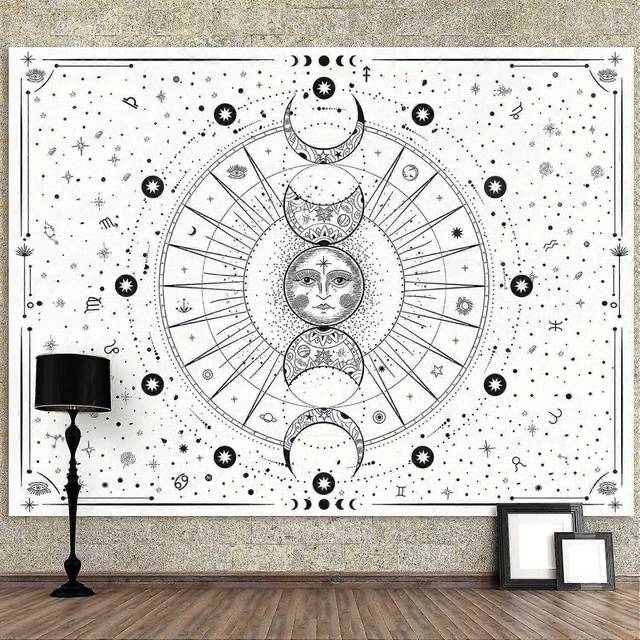 (As show, One size) White Tapestry Wall Hanging Sun Moon Stars Space Psychedelic Tapestries Wall Tapestry,130x150 Cm
