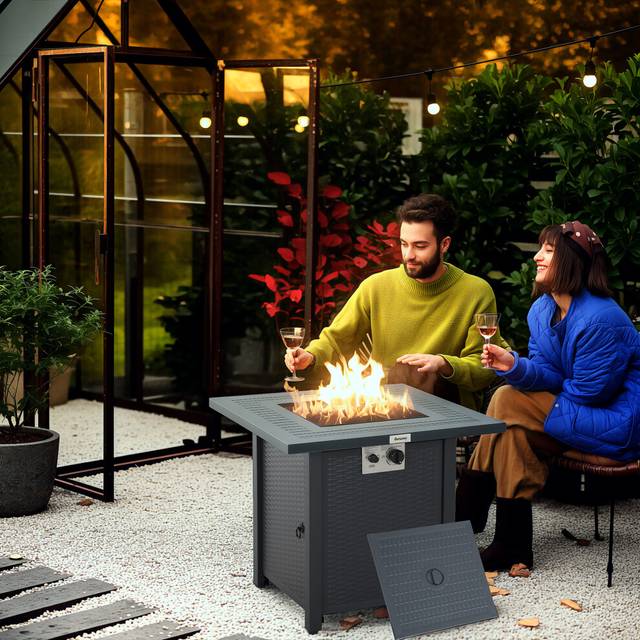 Outsunny Outdoor Propane Gas Fire Pit Table w/ Lid and Lava Rocks Dark Grey, Grey