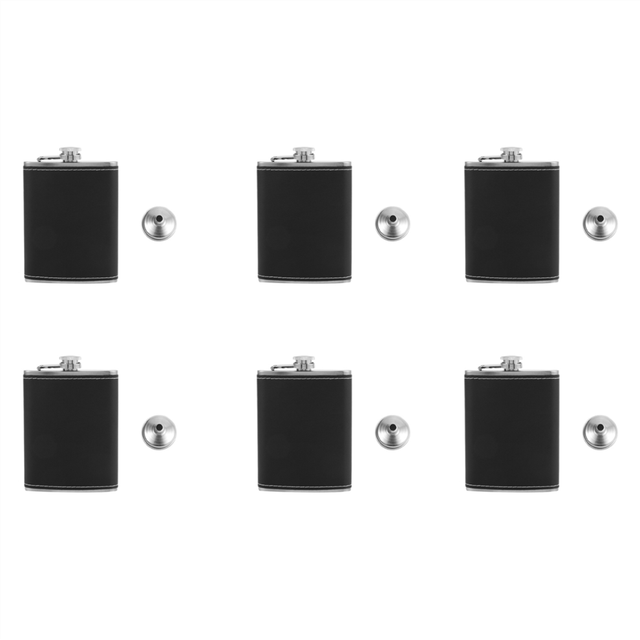 6X Pocket Hip Flask 8 Oz with Funnel Stainless Steel Black Leather Wrapped Cover and Leak Proof