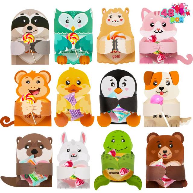 JOYIN 48 Pcs Valentines Day Gifts Cards with Animal Designs Valentines Greeting Cards Candy Holder Cards for Kids Holiday Reward Prizes  Valentine Cla