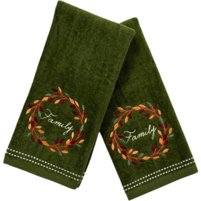Serafina Home Autumn Fall Bath Hand Towels Bathroom Decor Farmhouse Harvest: Forest Dark Green 100% Cotton Towels with Embroidered Leaves Family with