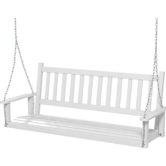 3-Person Porch Hanging Swing Chair Wooden Garden Swing Bench w/Slatted Back