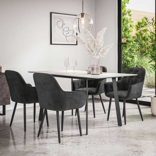 (Black) Haydon Extending Marble Effect Dining Table Set w 4-6 Anika Velvet Chairs