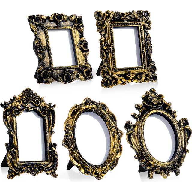 Maitys 5 Pcs Mini Picture Vintage Frames Tiny Antique Photo Baroque Ornate Resin Oval Frame Table Top Display Home Wedding Decor (Black Gold)
