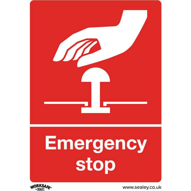 1x EMERGENCY STOP Health & Safety Sign - Rigid Plastic 75 x 100mm Warning Plate