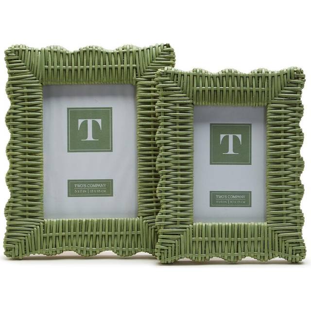 Two's Company Green Wicker Weave Set of 2 Scalloped Photo Frame  Includes 2 Sizes  4x6 and 5x7 Inches  Rattan  Home Decor Accessories
