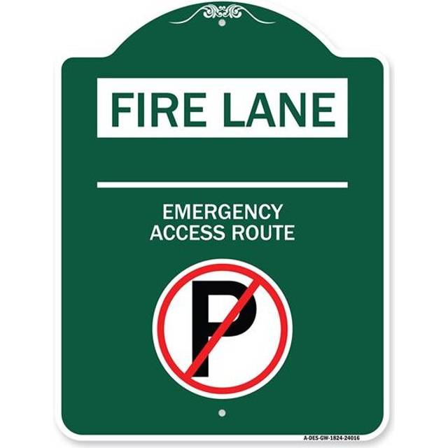 SignMission A-DES-GW-1824-24016 18 x 24 in. Designer Series Sign - Fire Lane Emergency Access Route with No Parking Symbol, Green & White