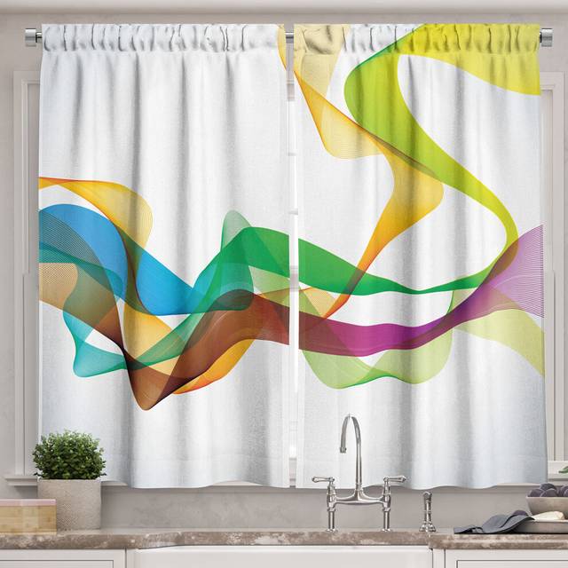 Ambesonne Abstract Kitchen Curtains  Styled Wavy Ribbon Line and Smoked Rainbow Like Cool Graphic Artwork  Window Drapes 2 Panel Set for Kitchen Cafe