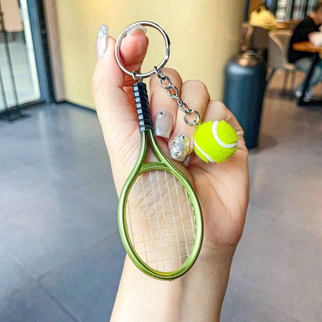 (GreenGreen) Metal Elegant Tennis Racket Keychain With Green Ball For All Occasions