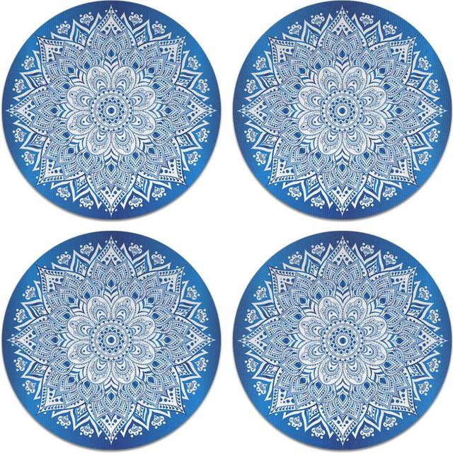 CARIBOU Coasters   Teal & White Mandala Design Absorbent ROUND Fabric Felt Neoprene Coasters for Drinks  4pcs Set