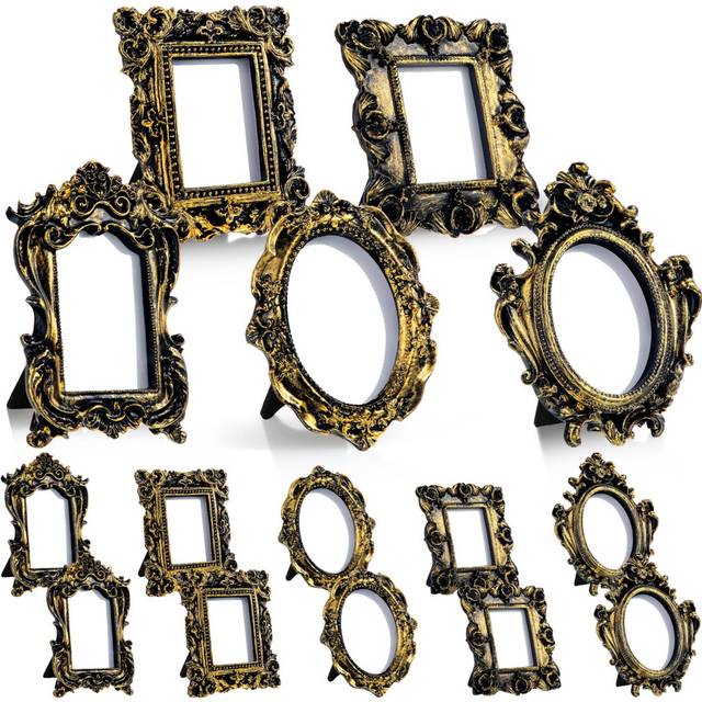 Maitys 15 Pcs Mini Picture Vintage Frames Tiny Antique Photo Baroque Ornate Resin Oval Frame Table Top Display Home Wedding Decor (Black Gold)