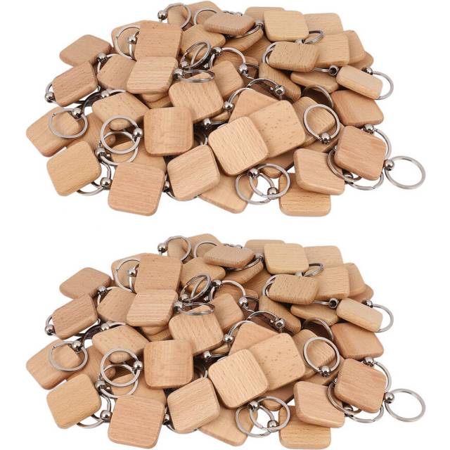 120Pcs Blank Square Wooden Keychain DIY Key Tag Gift