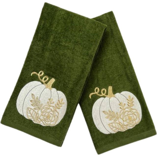 Serafina Home Autumn Fall Bath Hand Towels Bathroom Decor Farmhouse Harvest: Forest Dark Green 100% Cotton Towels with Embroidered Floral Pumpkin Desi