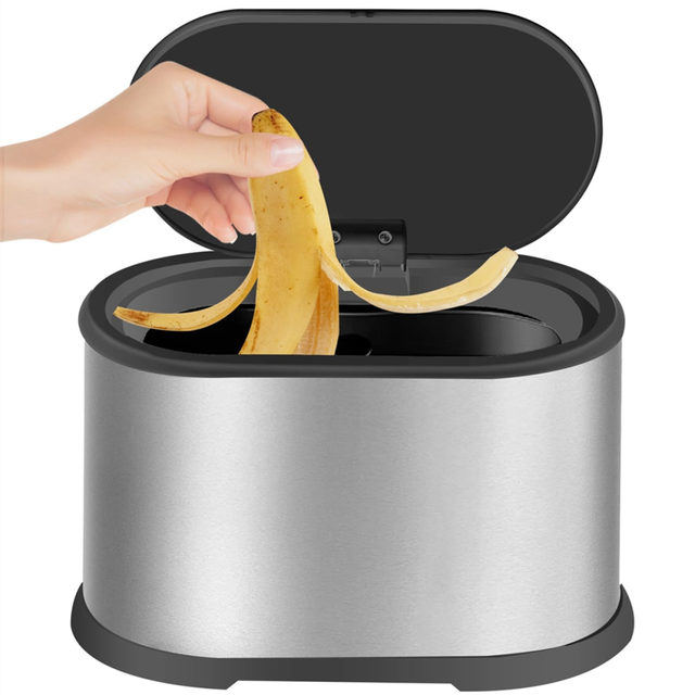 Mini Trash Can with Lid, 4L Small Kitchen Compost Bin Silver