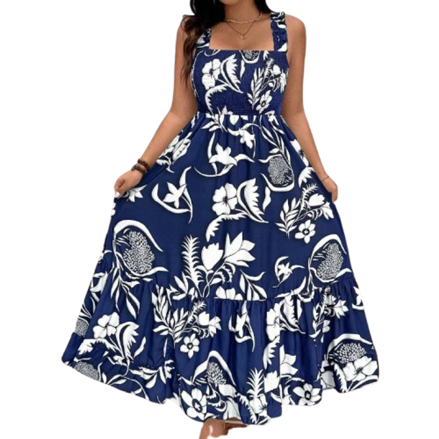 Breezaya Plus Size Floral Ruffle Hem Spaghetti Strap A-Line Dress Maxi Women Outfit