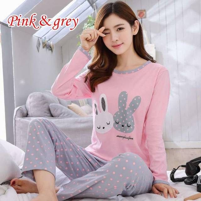 (L, pink,grey) Two Piece Cartoon Cute Printed Pajamas Set Sleepwear Nightgown Long Sleeve Pajamas Ladies Homewear
