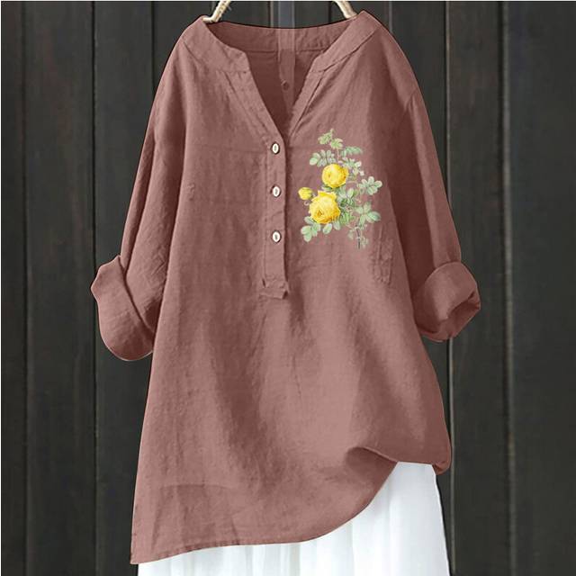 (HCY33, L) Women's Autumn Winter New Fashion Printed Button Up Shirt Long Sleeved Bamboo Linen Casual Comfortable Top