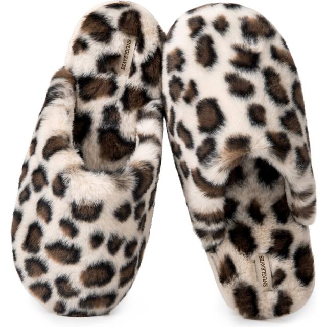 Snug Leaves Women's Fuzzy Scuff Slippers Soft Comfy Memory Foam Non-slip Indoor House Shoes Cheetah Beige  Size 9-10