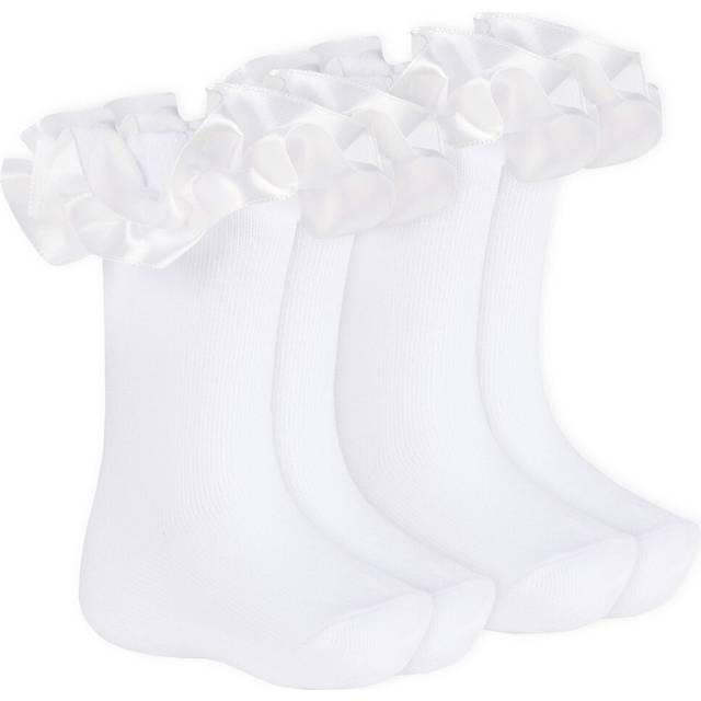 (White - 2 Pairs, 0-2.5) 2 Pack Baby Girls Frilly Socks Toddler Tutu Satin Frill Lace Christening Socks Cotton Rich Size 0-0 To 3-5.5
