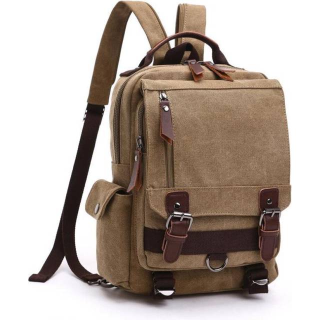 (khaki) Scione Small Canvas Travel Multifunctional Shoulder Men Women Laptop Rucksack School Daypack