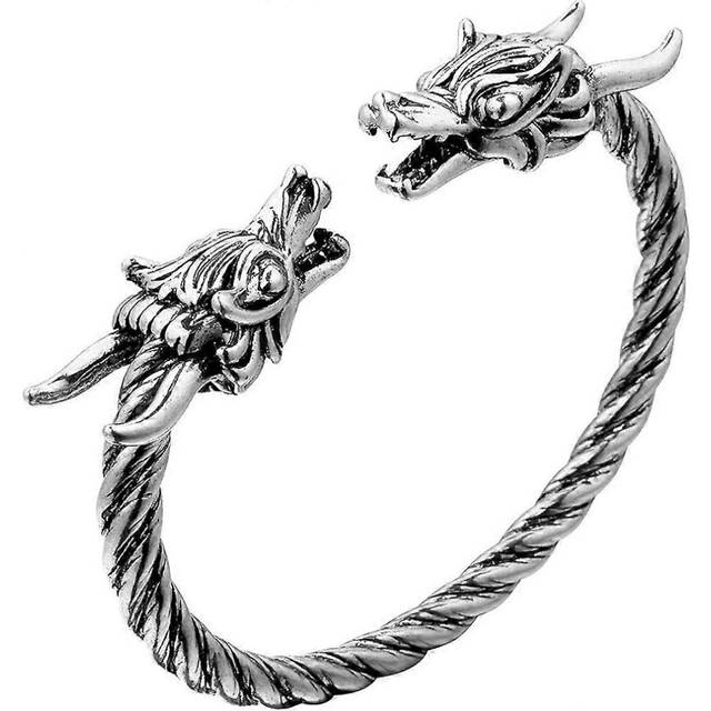 (730, One size) Heyone Antique Norse Viking Double Dragon Head Twisted Bracelet Bangles Arm Ring Adjustable Men&#39;s Jewelry