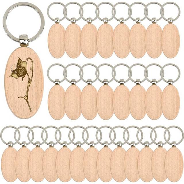 30PCS Oval Wooden Keychain Blanks Unfinished Wood Blank Key Ring Tag Engraving Keychains