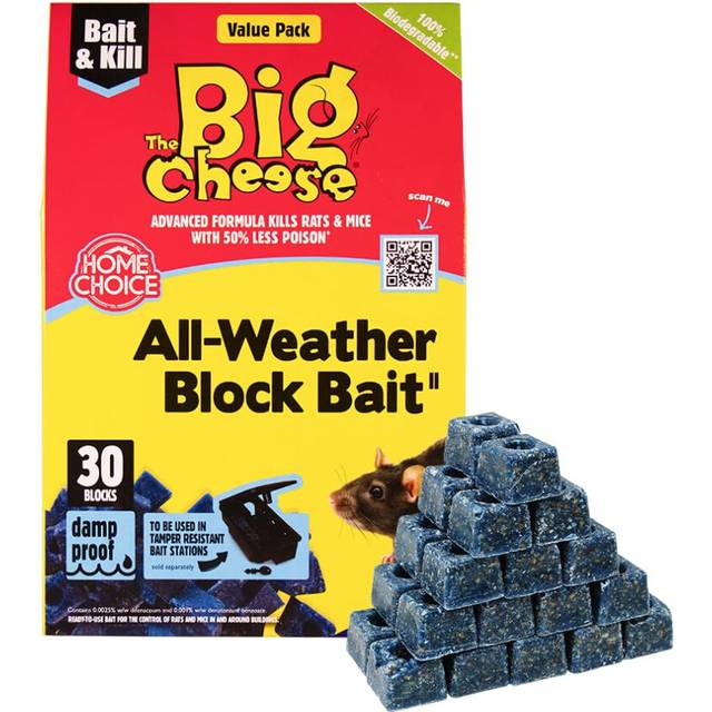 The Big Cheese All-Weather Block Bait - 10g x 30 Kills Mice and Rats Damp-Proof, Weather-Resistant, Blue Difenacoum