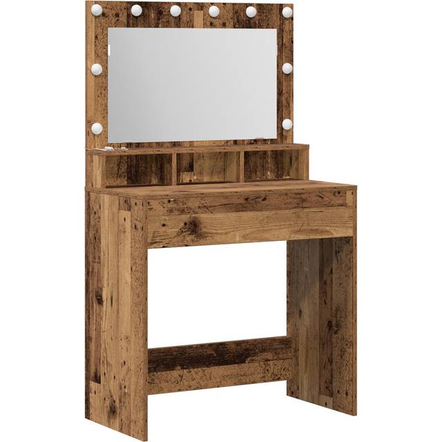 Sminkbord med LED-lampor i gammalt trä 79x41x135 cm
