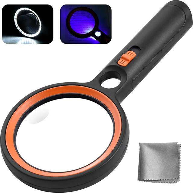 Handheld Magnifier with Reading Light, 30 LED 1 UV Light 2 Modes for Elderly, Inspection, Coins