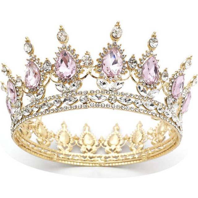 QIDIAN Bride Full Crown Pageant Headhand Jewelry Princess Tiara Retro Round Crown Bride Hair Accessories for Women (Gold+Pink)
