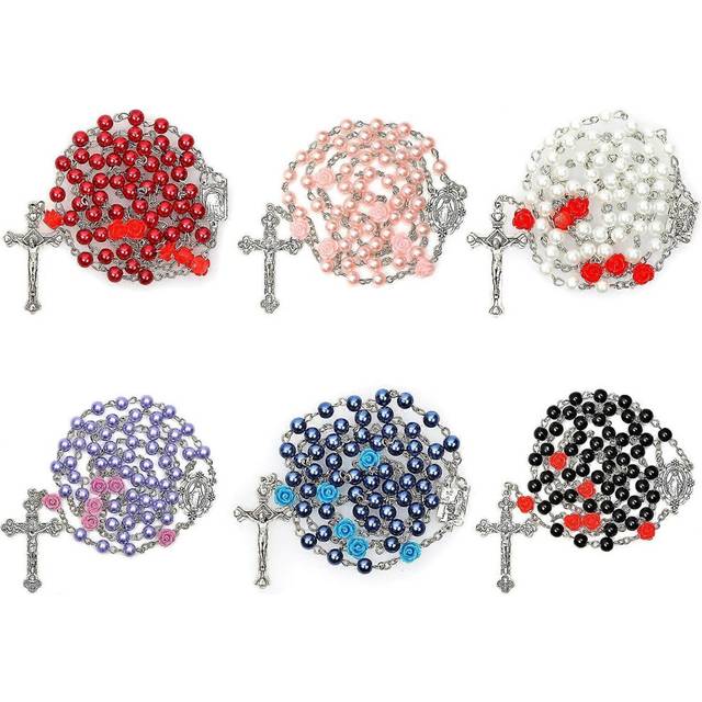 (As show, One size) 6 Pack Rosary Pearl Beads Catholic Necklace with Jesus Christ Crucifix Cross First Communion Gifts Confirmation Gifts for Girls Te