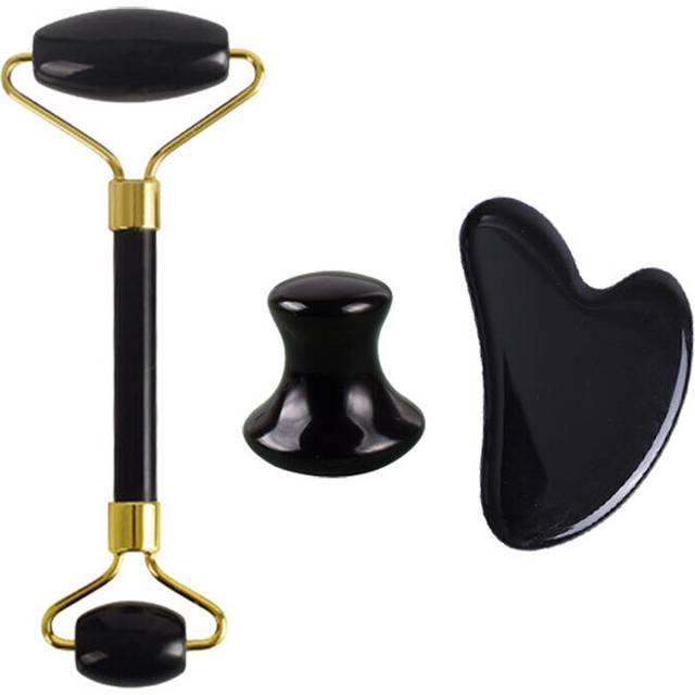 (a-3pcs Type A1) Natural Black Obsidian Face Massager Gouache Scraper Gua Sha Massage Tool Set Jade Roller Gouache For Face Jade Massage Roller