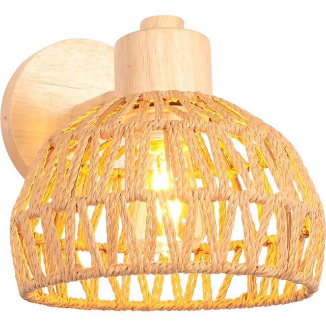20CM Indoor Wall Light Adjustable Wood Rattan Wall Lights Retro E27 Vintage Wall Sconce for Bedroom Living Room
