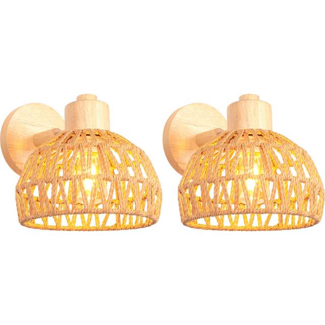 (2X) 20CM Indoor Wall Light Adjustable Wood Rattan Wall Lights Retro E27 Vintage Wall Sconce for Bedroom Living Room