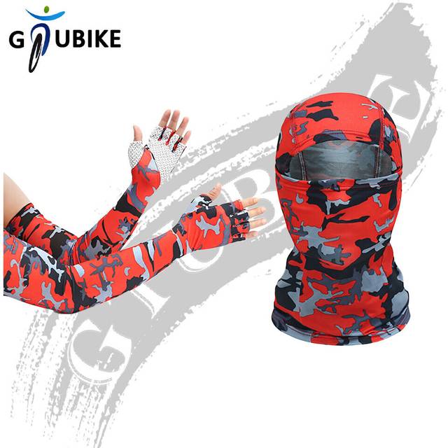 (a-Camo Red) GTUBIKE Sunscreen Balaclava And Sleeve Unisex Outdoor Anti-UV Half-finger Glove Sleeve Breathable Masked Riding Hiking Headwear