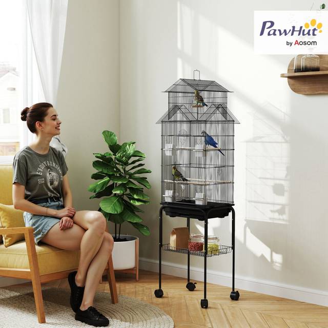 PawHut Metal Bird Cage w/ Perch, Food Container, Handle, for Finch, Canary, Black