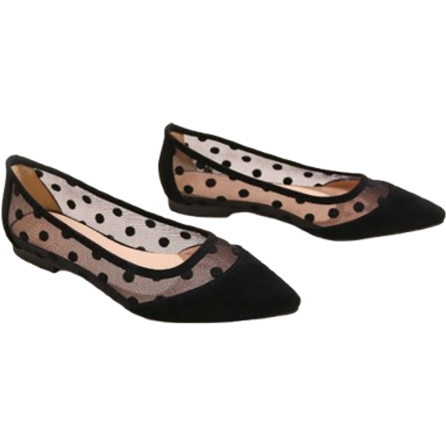 Kvinnor Polka Prickig Dekoration Kontrast Nät Spetsig Tå Ballerina platta skor , Fashionabel Svart Dans Skor (EUR35,EUR36,EUR37,EUR38,EUR39,EUR40,EUR41,EUR42,EUR43)