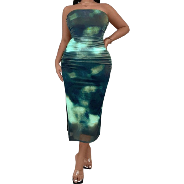 Celure Plus Size Women&#39;s Mesh Printed Knitted Strapless Draped Elegant Summer Dress, For Christmas Maxi Women Outfit