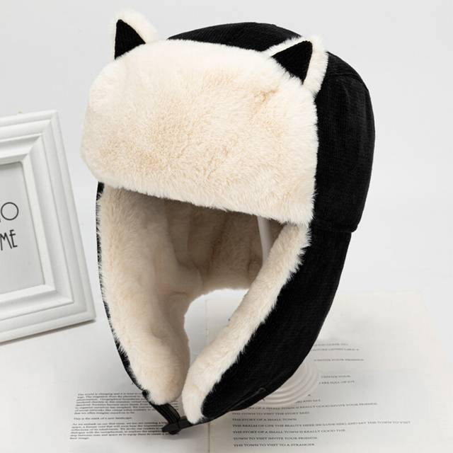 (A-Black) Women Warm Earmuffs Thicken Ear-flapped Hat Winter Cashmere Plush Cotton
