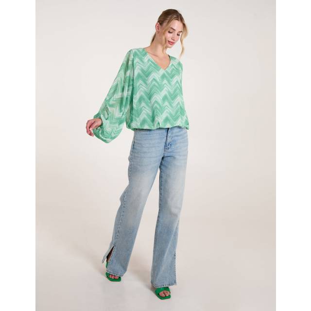 Womens V Neck Zig Zag Puffball Top - Green - S/M