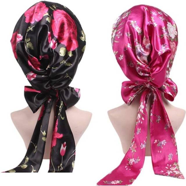 Beaupretty 2pcs Silk Sleeping Cap,Stain Night Cap Bonnet Head Cover with Ribbon for Women(Rose Red Floral Printing + Black Floral Printing)