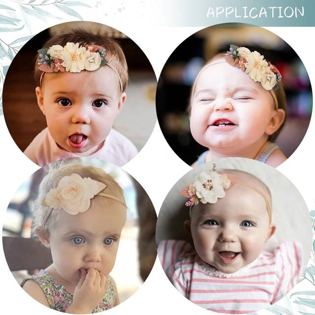 Baby Girl Flower Nylon Headband-Elastic Hair Band Handmade Bow For Newborn Infant Toddler Pack of 3 (Beige)