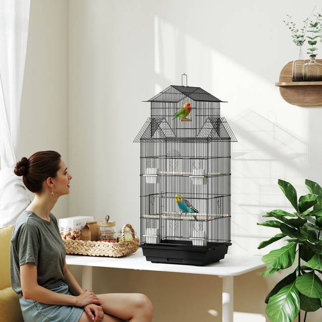 PawHut Metal Bird Cage w/ Perch, Food Container, Handle, for Finch, Canary
