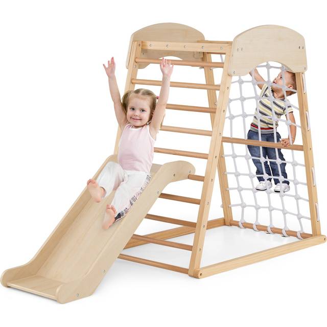 4-in-1 Jungle Gym Wooden Indoor Toddler Playground with Slide-Natural