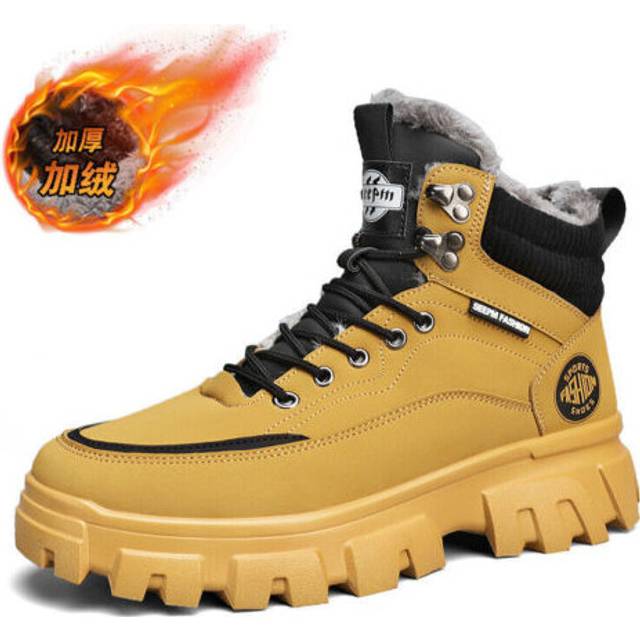 (Yellow with fur, UK6=EU39) Men's Shoes Plush Ski Boots Waterproof Winter Warm Snow Boots Non-slip Hiking