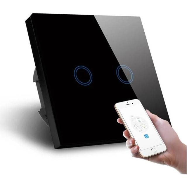 (Black) Standard Smart Light Switch WiFi 2 Gang Wireless Touch Sensor Remote Control Smart Switch with Power Statistics Function