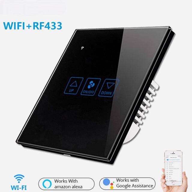 (Black) Fan Speed Control Touch Switch WiFi+RF Smart Deluxe Crystal Panel Switch App Remote Control 90V 250V EU Wireless Switch