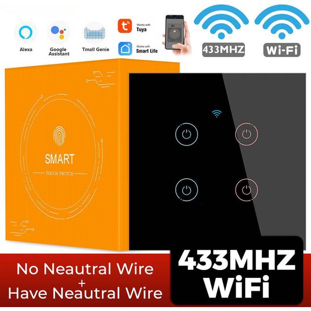 (4 Gang Black) Smart Wifi Touch 433mhz Switch Light EU No Neutral Wire Required Remote Timing Control On Of for Alexa Google Home