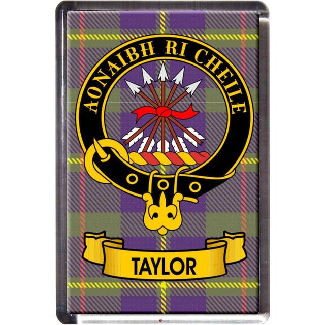 Taylor Tartan Fridge Magnet with Scottish Clan Crest on Clear Acrylic Rectangular Base
