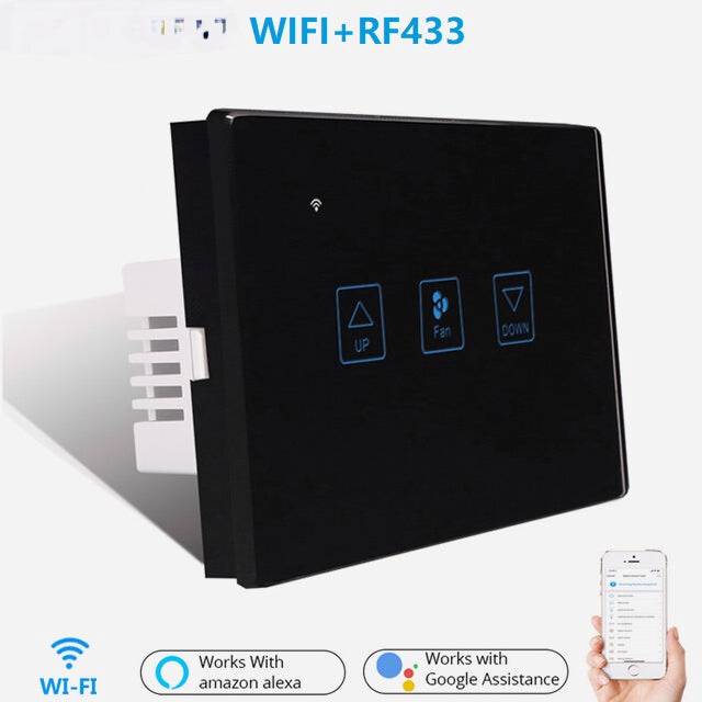 (Black) WiFi+RF433 Smart Fan Speed Control Touch Switch US Standard Deluxe Crystal Panel Switch Tuay App Remote Control